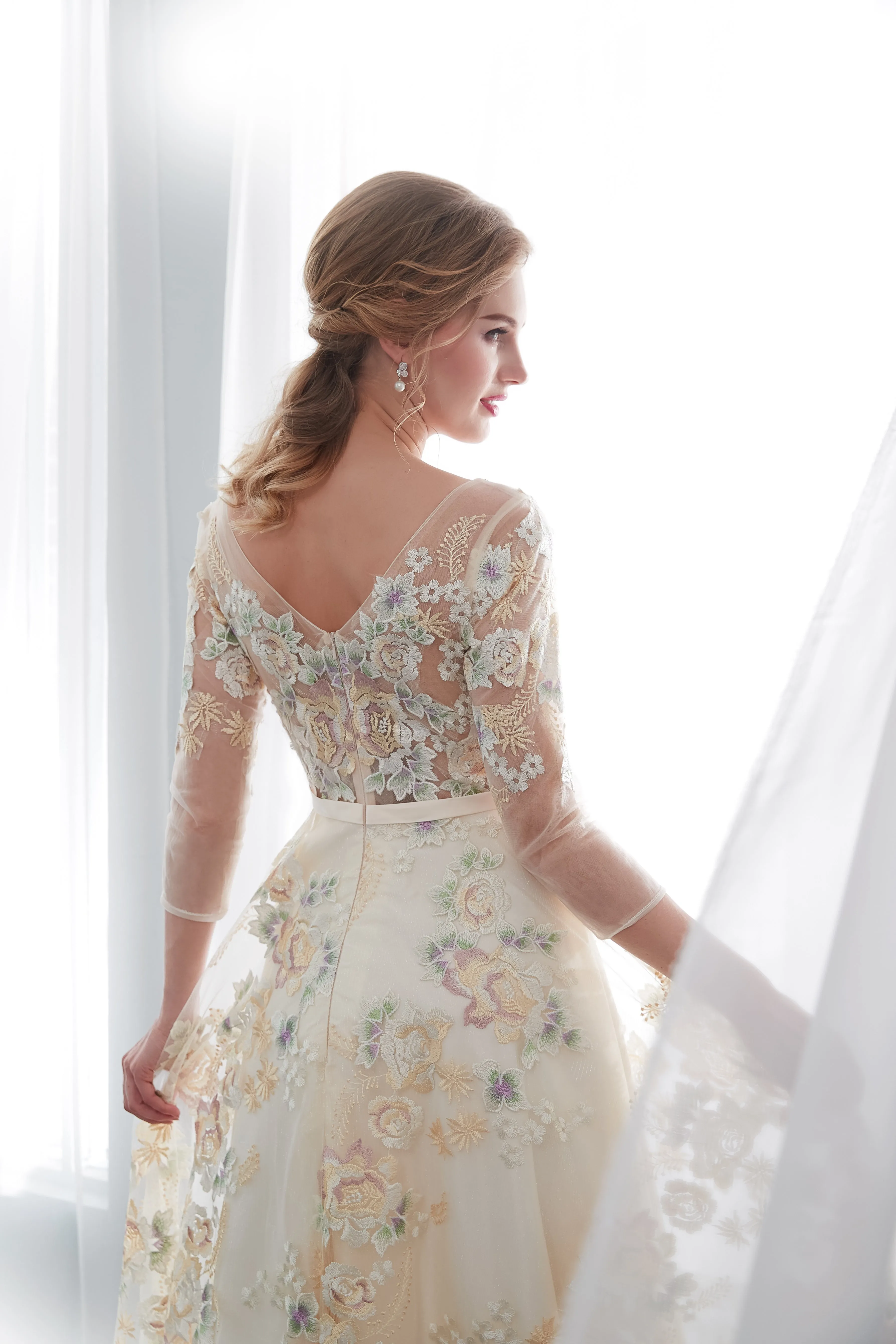 A-line Floor-length 3/4 Sleeves See-though Embroidery Wedding Dresses, WD0466