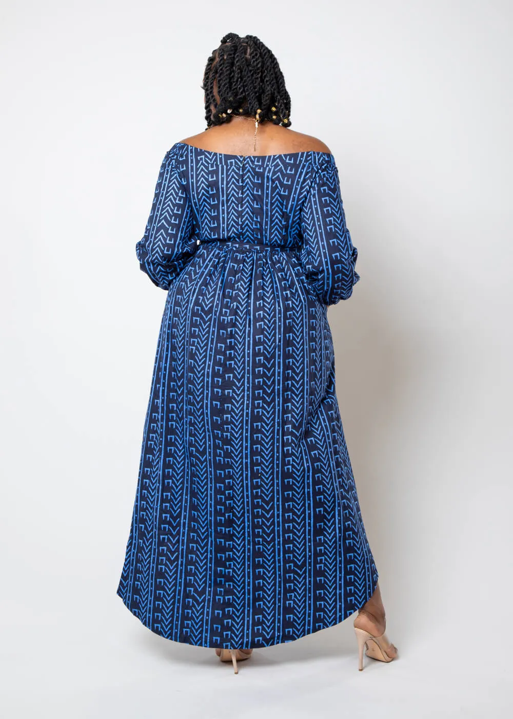 Afua Women's African Print High-Low Off-Shoulder Maxi Dress (Blue Navy Mudcloth)