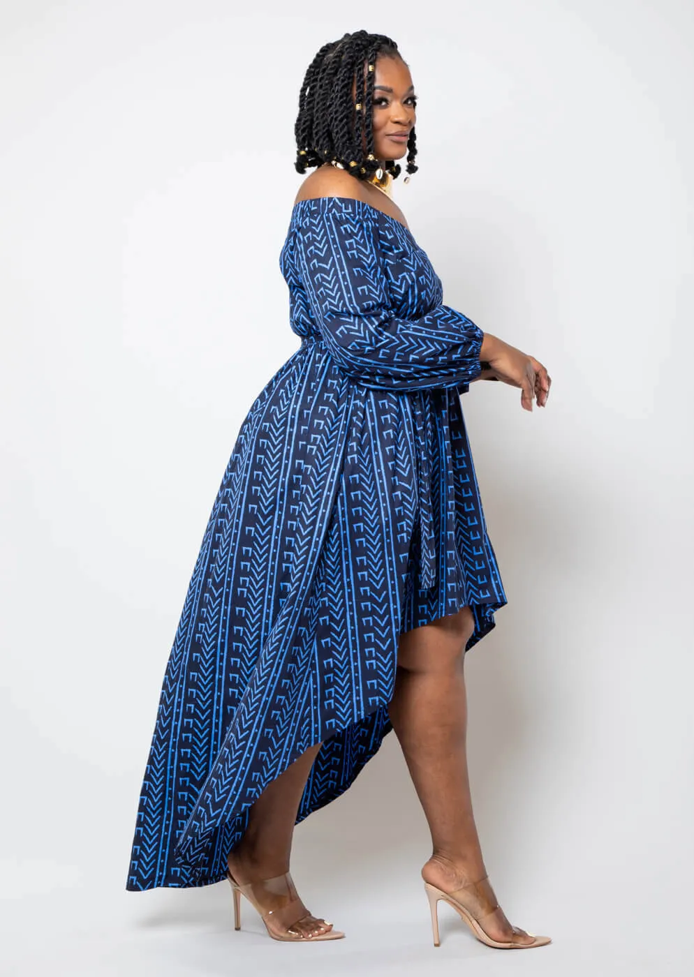 Afua Women's African Print High-Low Off-Shoulder Maxi Dress (Blue Navy Mudcloth)