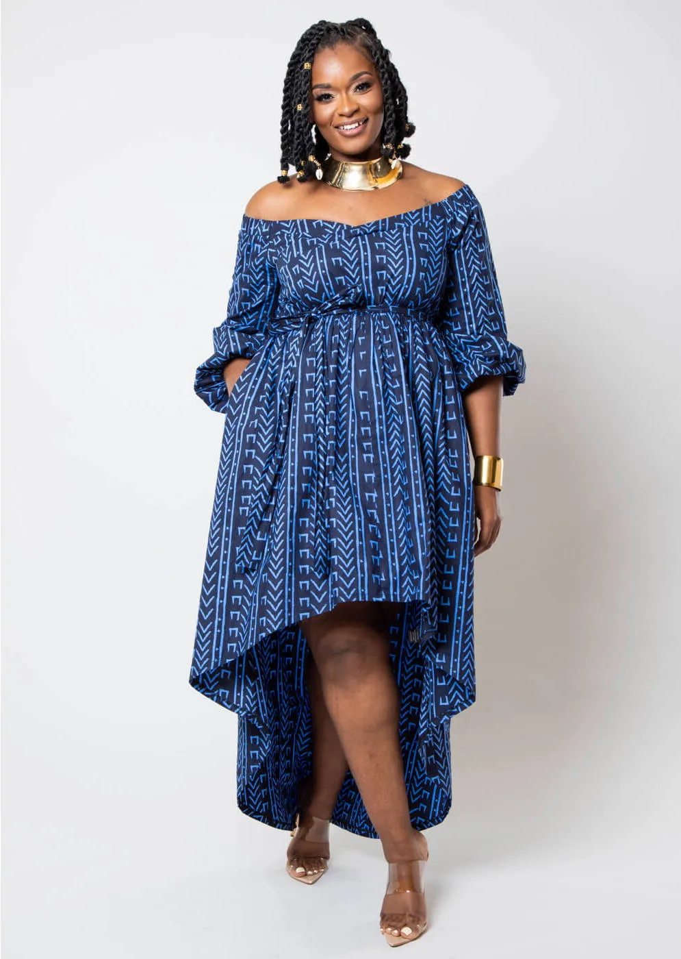 Afua Women's African Print High-Low Off-Shoulder Maxi Dress (Blue Navy Mudcloth)