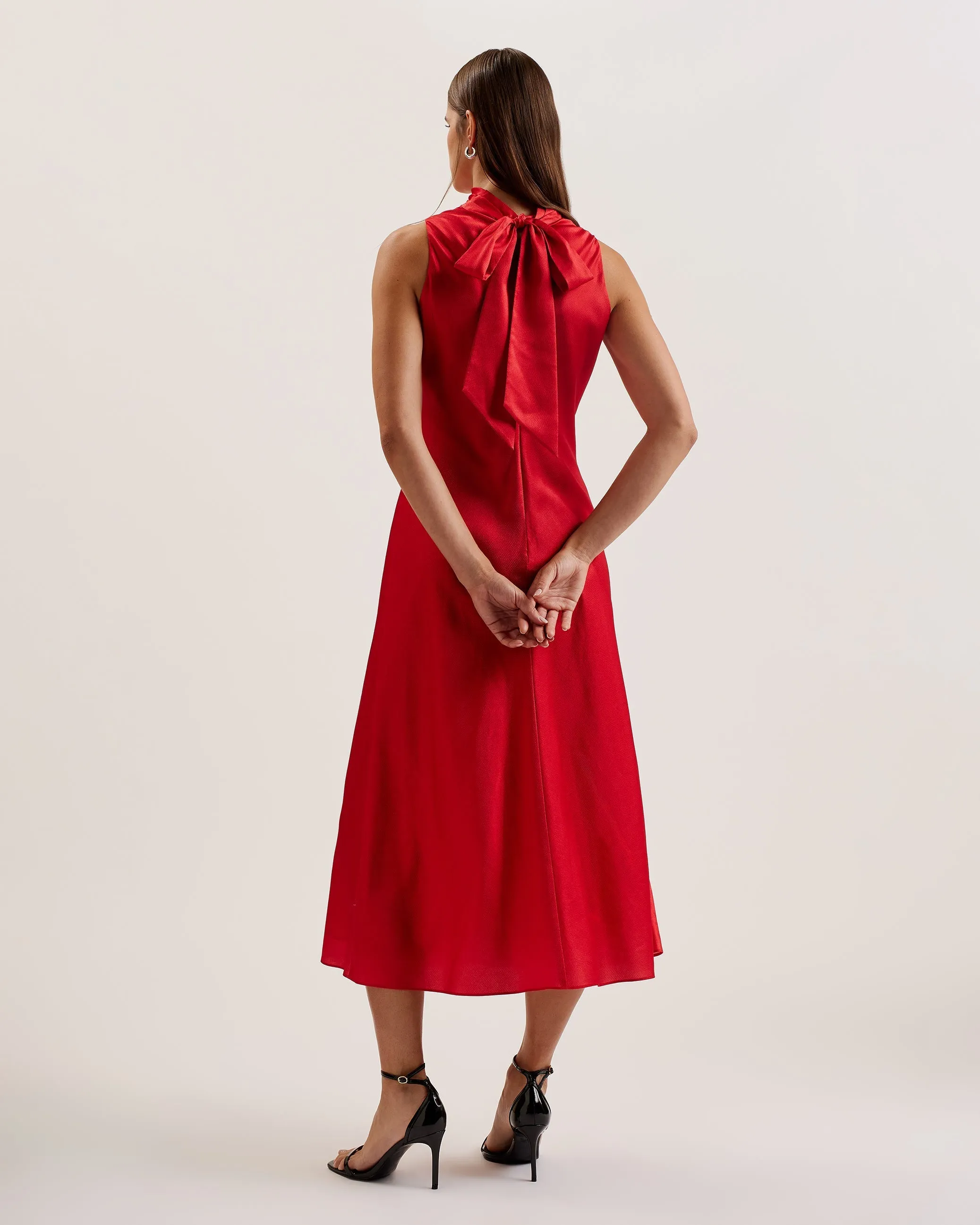 Aliara Printed Cowl Neck Midi Slip Dress Red