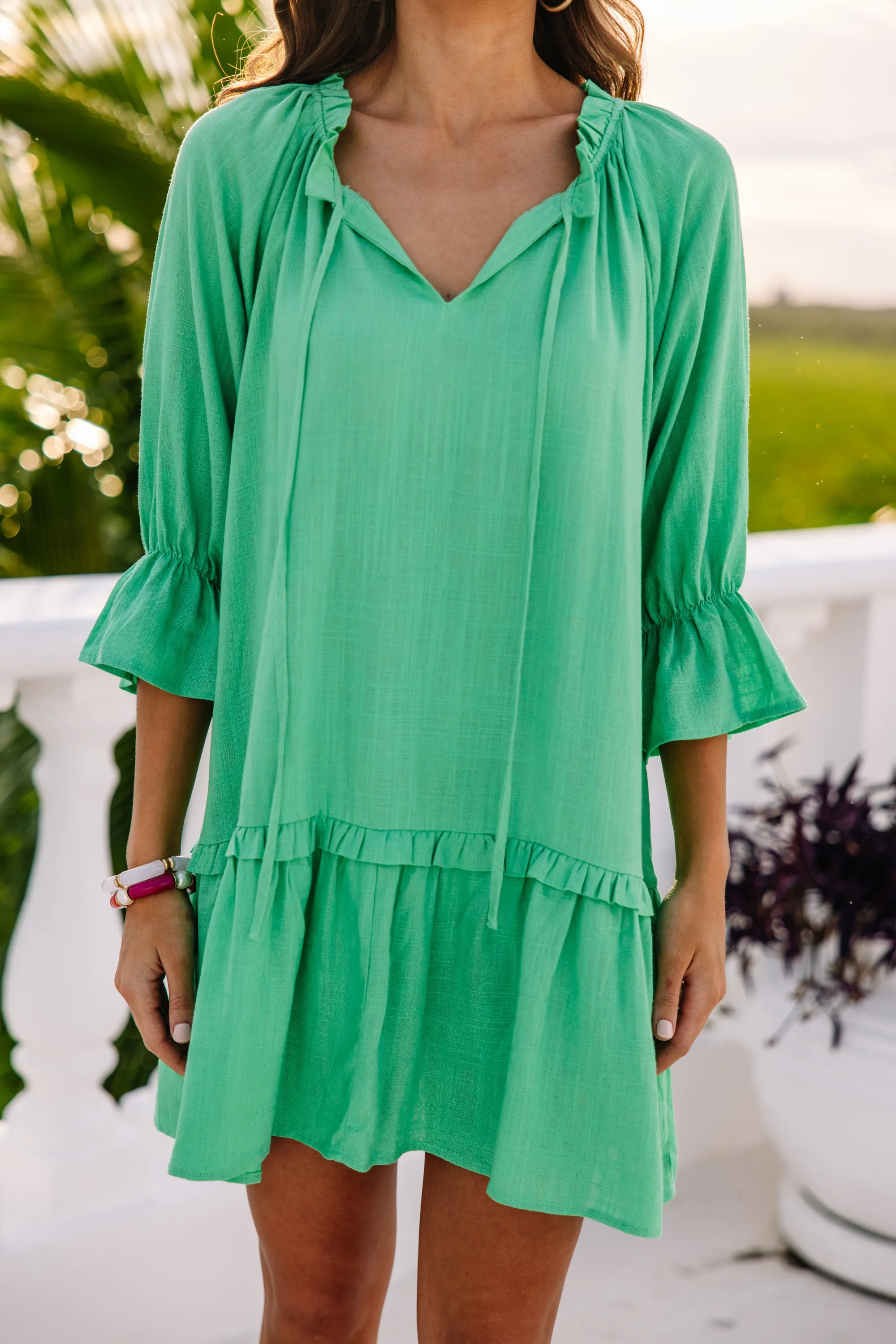 Always In The Lead Green Linen Dress