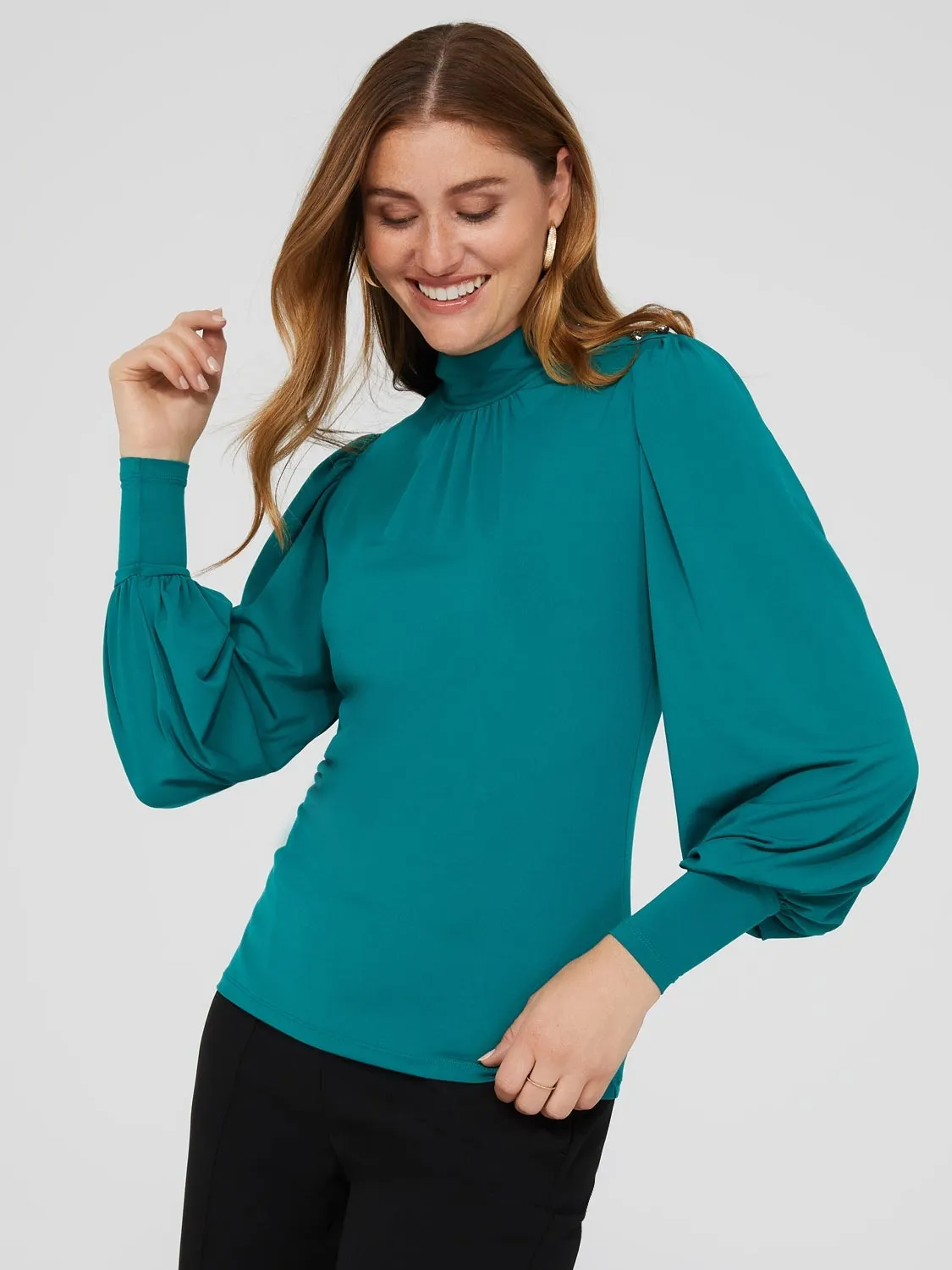 Balloon Sleeve Mock Neck Top With Rhinestone Detail