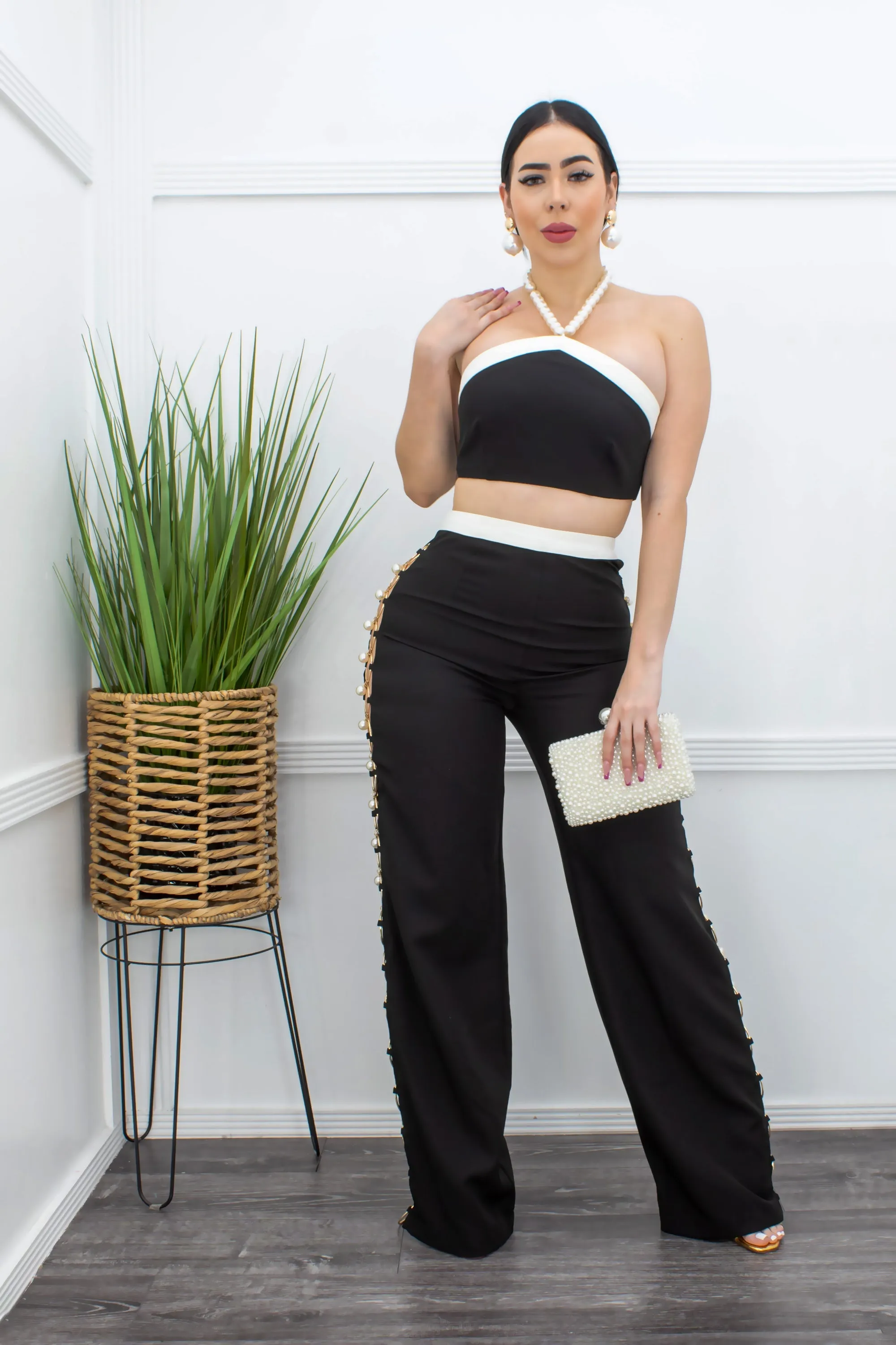 Bandage Crop Top With Side Pearl Pant Set