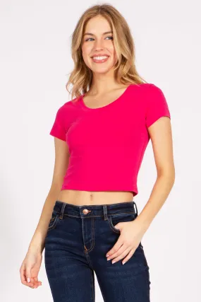 Basic Short Sleeve Round Neck Crop Tee Top 313cr fuschia