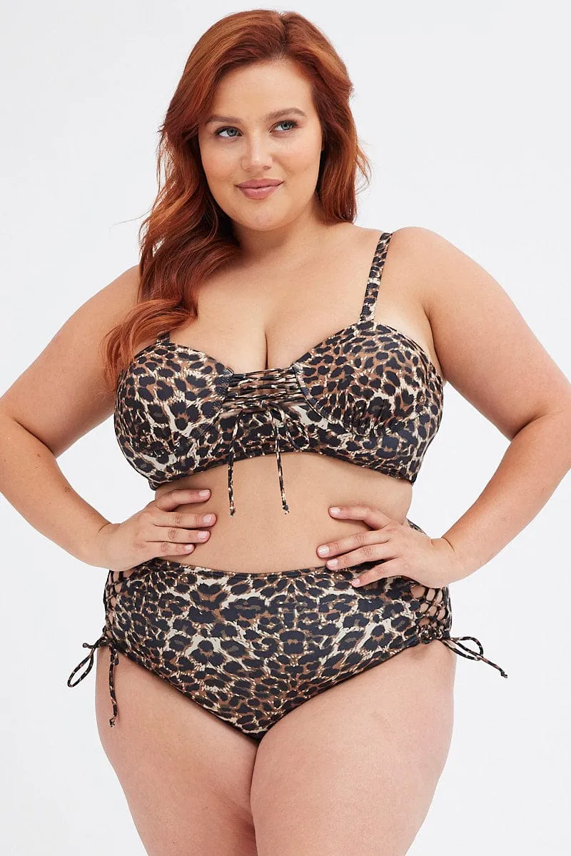 Beige Animal Print Tie Front Bikini Set