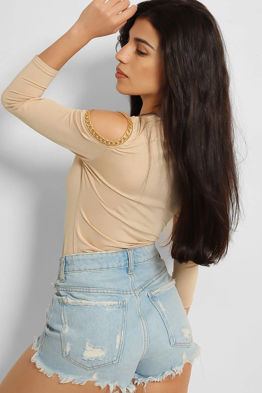 Beige Chain Trim Cold Shoulder Slinky Top