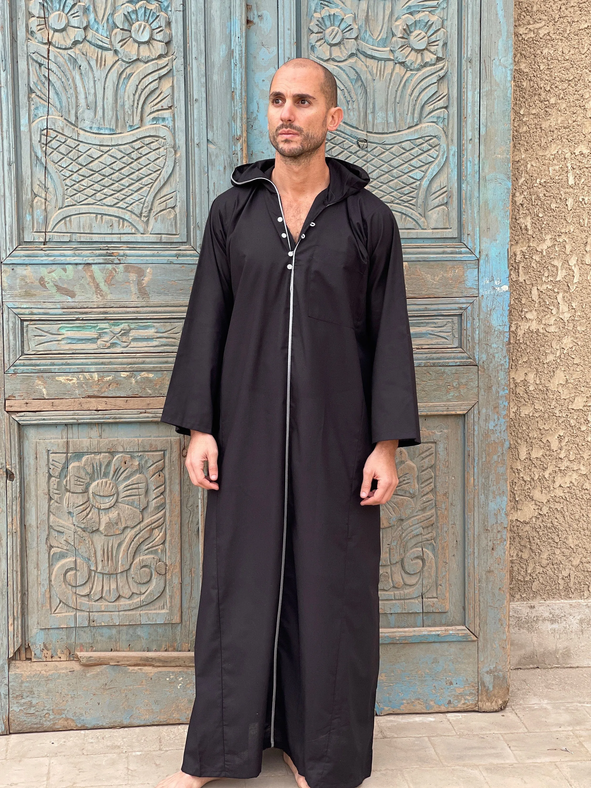 Black hooded Men's Kaftan, Egyptian Cotton caftan, Men's kaftan,  caftans for men, men clothing, gift for men, husband, gift for him