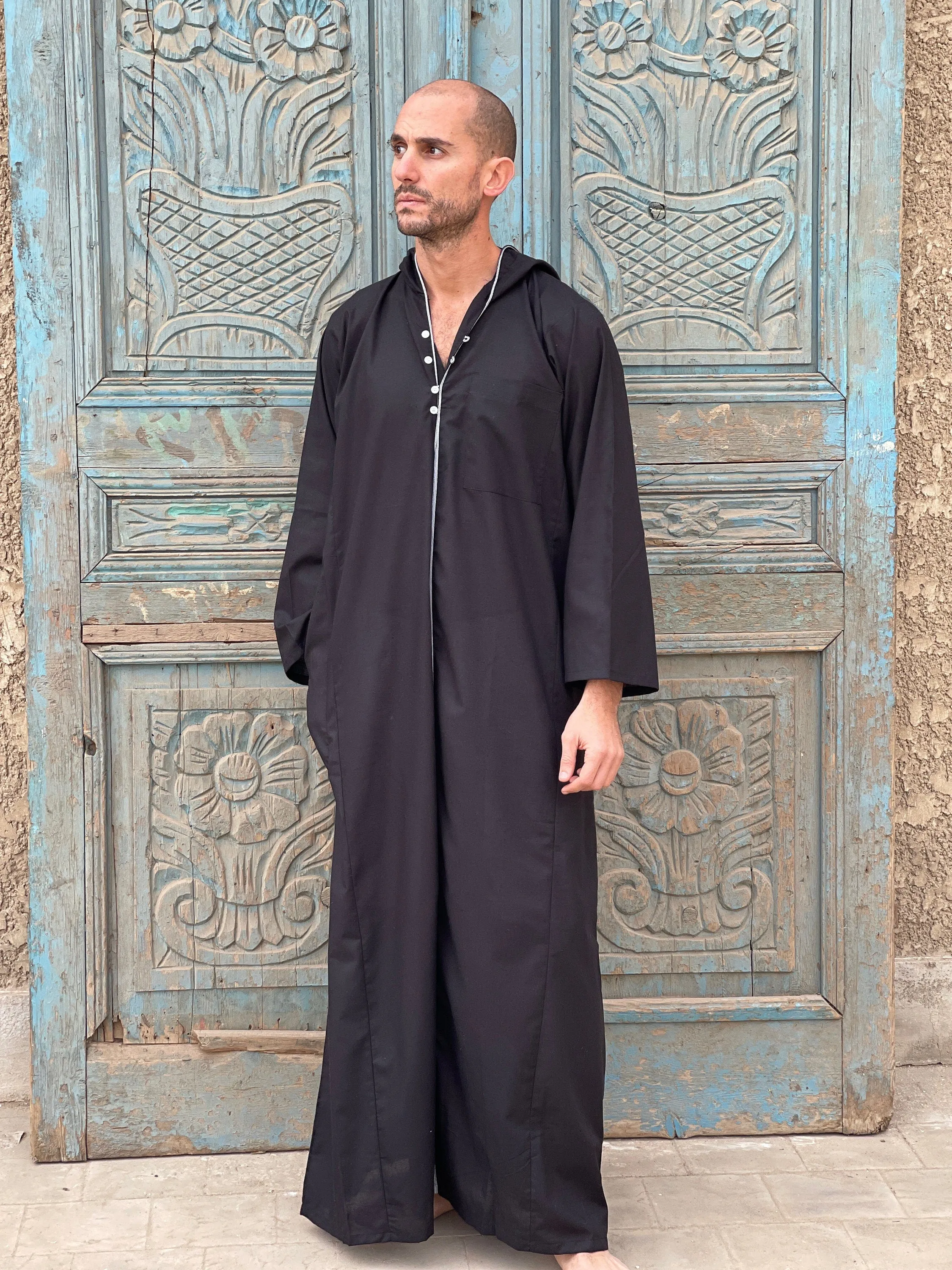 Black hooded Men's Kaftan, Egyptian Cotton caftan, Men's kaftan,  caftans for men, men clothing, gift for men, husband, gift for him