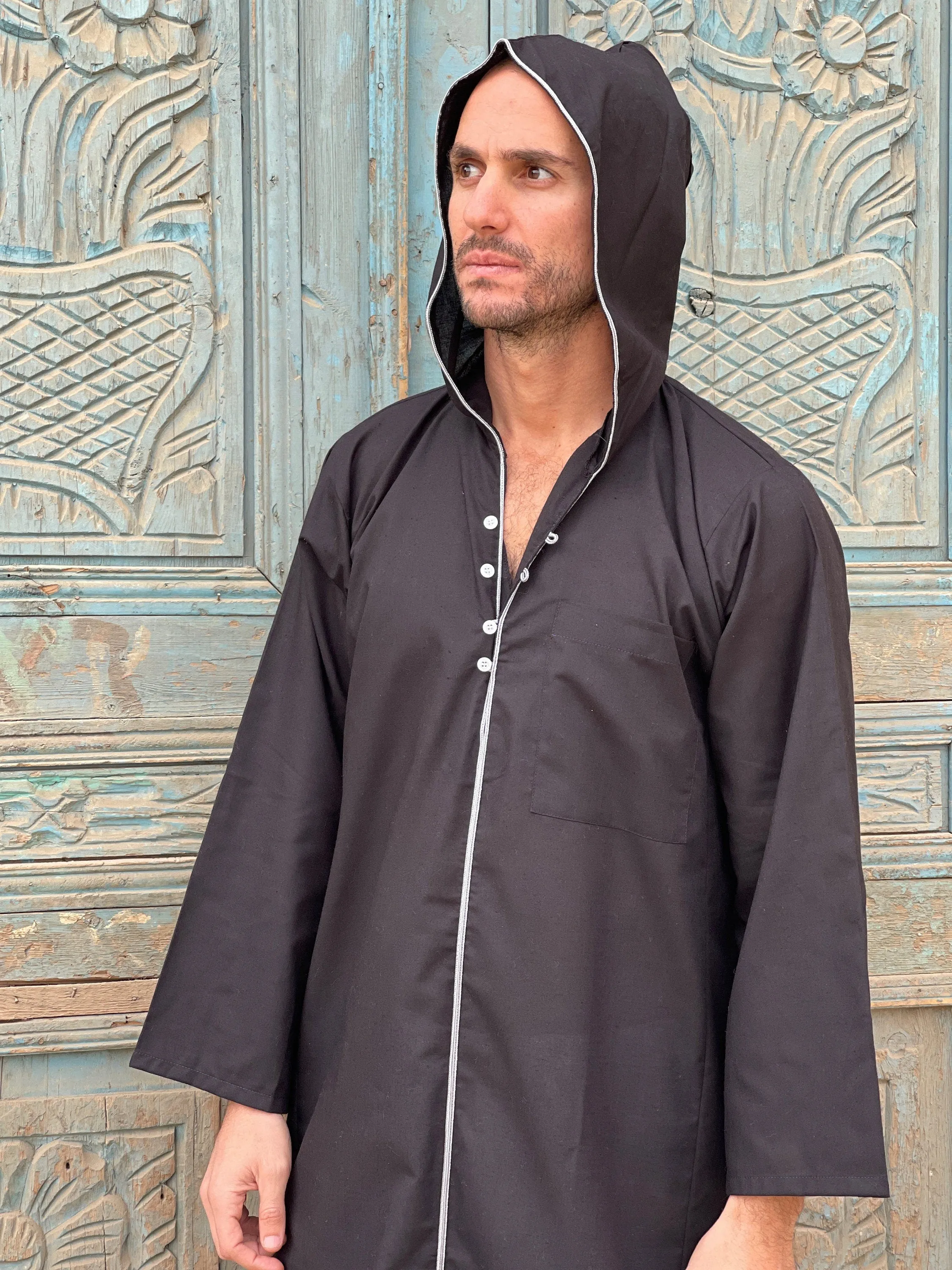 Black hooded Men's Kaftan, Egyptian Cotton caftan, Men's kaftan,  caftans for men, men clothing, gift for men, husband, gift for him