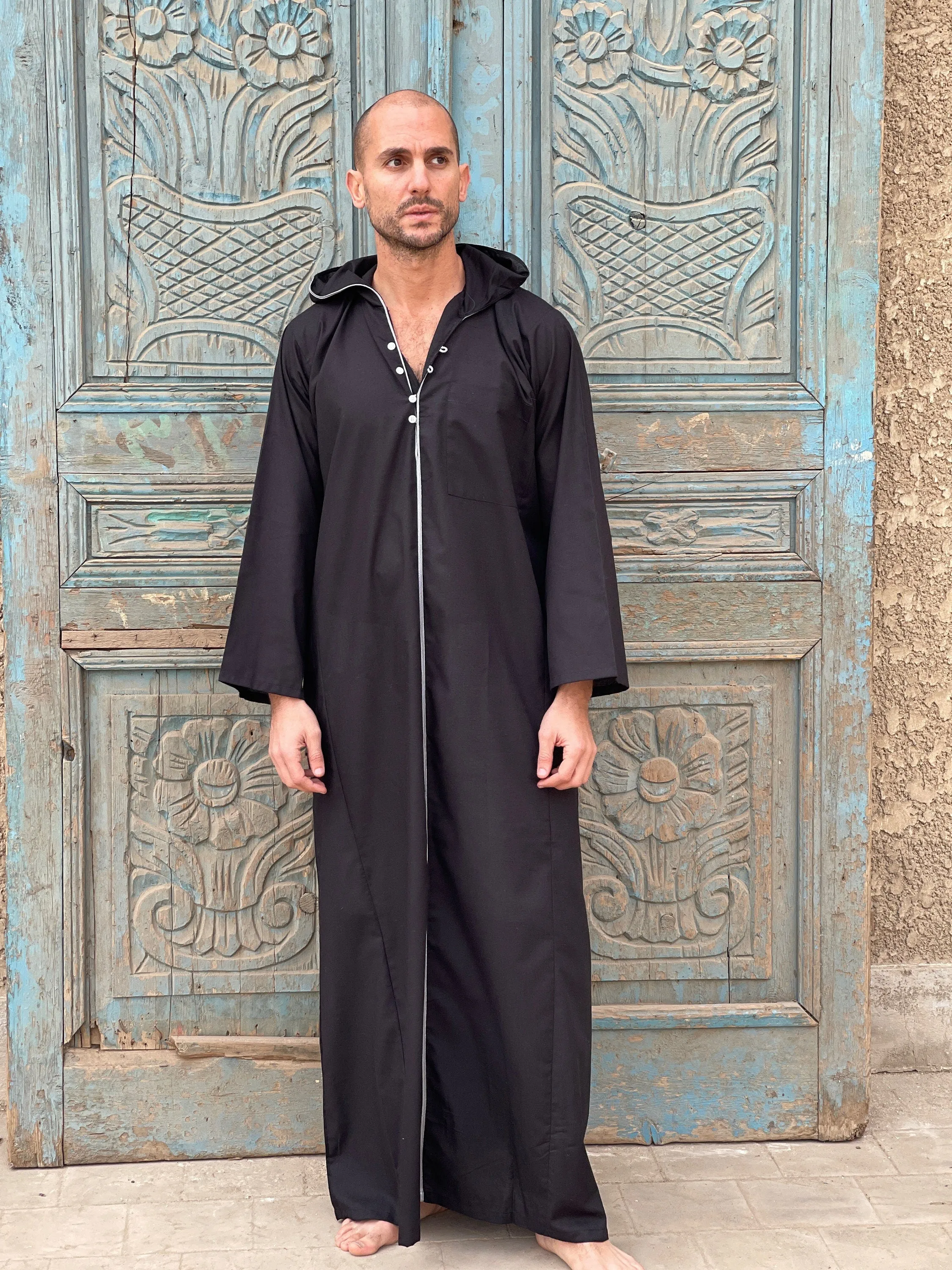 Black hooded Men's Kaftan, Egyptian Cotton caftan, Men's kaftan,  caftans for men, men clothing, gift for men, husband, gift for him