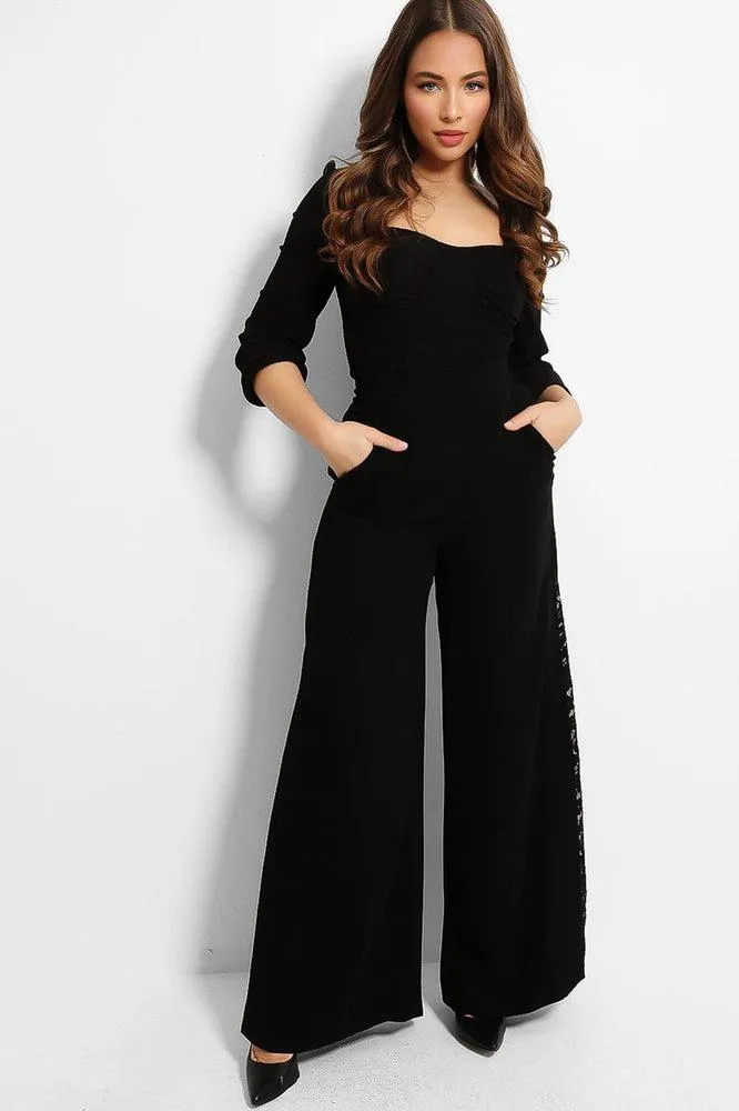 Black Lace Inserts Wide Leg Trousers