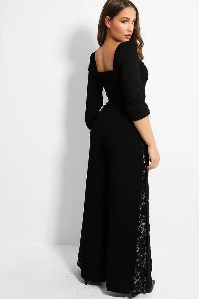 Black Lace Inserts Wide Leg Trousers