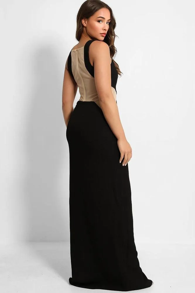 Black Nude Illusion Waist Maxi Dress