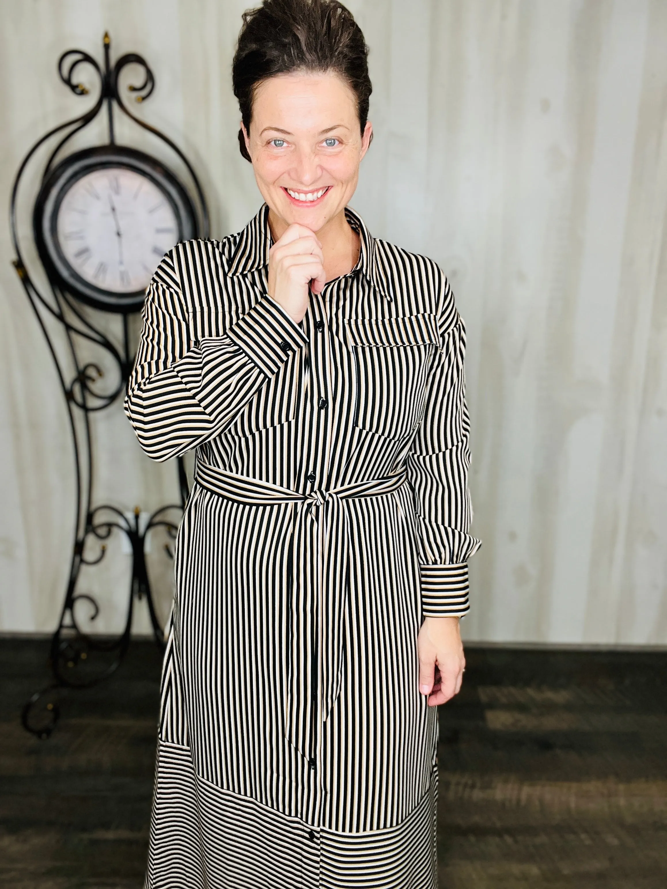 Black Stripe & Belted Shirt Dress