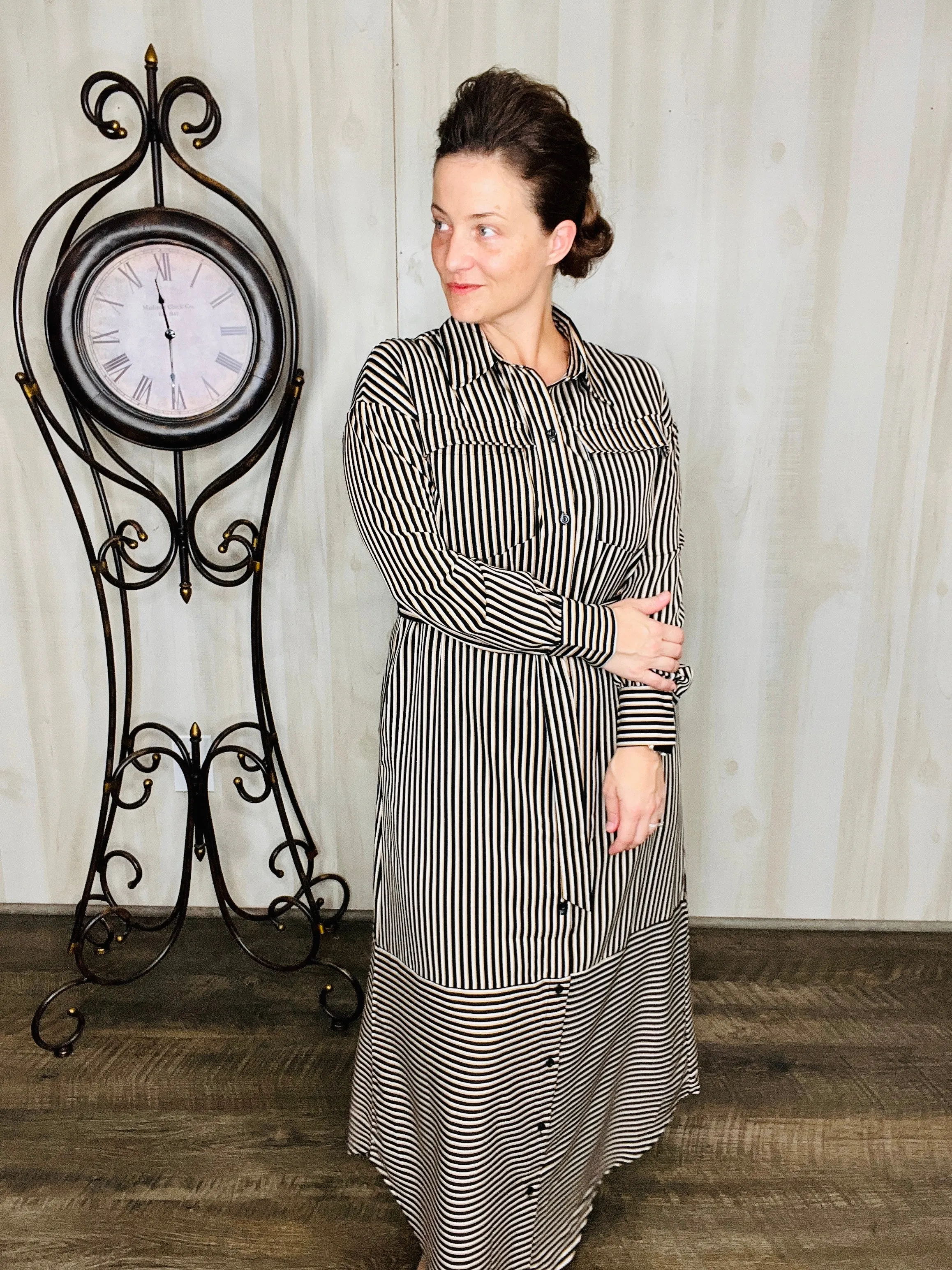 Black Stripe & Belted Shirt Dress