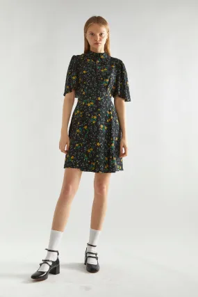 Black-Yellow Mini Floral High-Neck Mini Tea-Dress