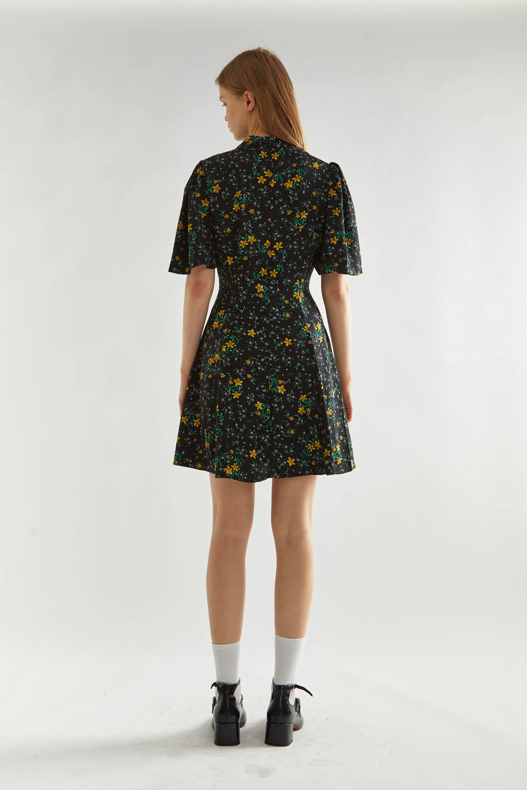 Black-Yellow Mini Floral High-Neck Mini Tea-Dress