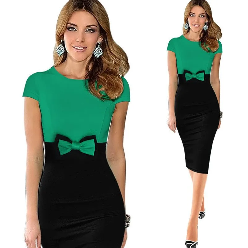 Blocked Bow Waist Sheath Dress