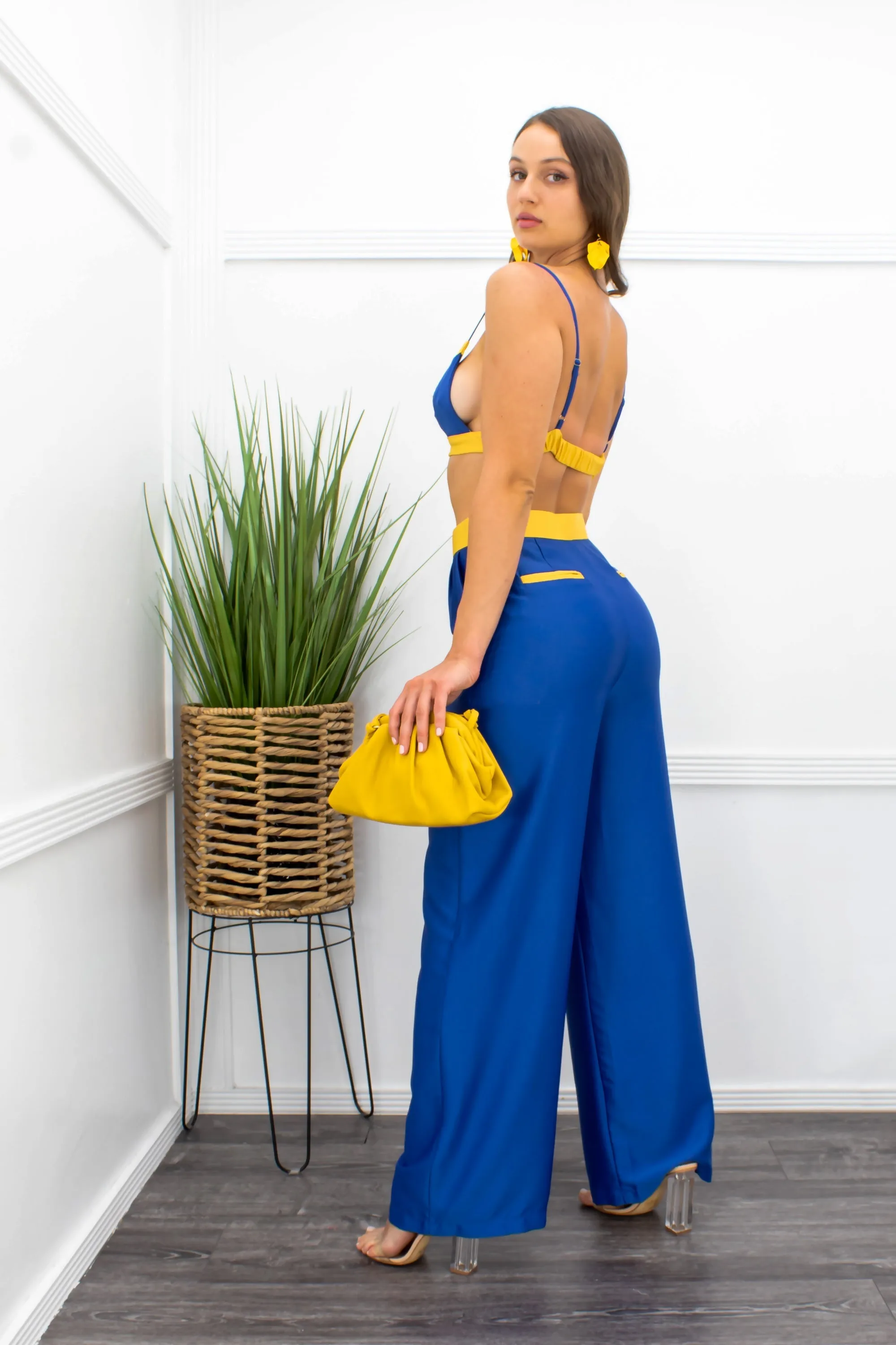 Blue Satin Crop Top With Stylish Pant Set