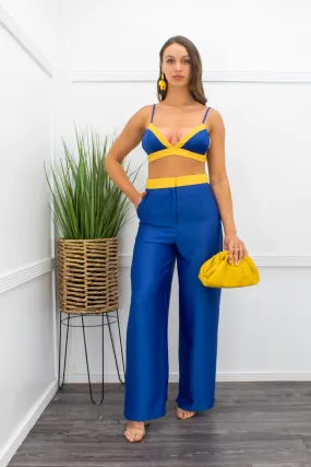 Blue Satin Crop Top With Stylish Pant Set