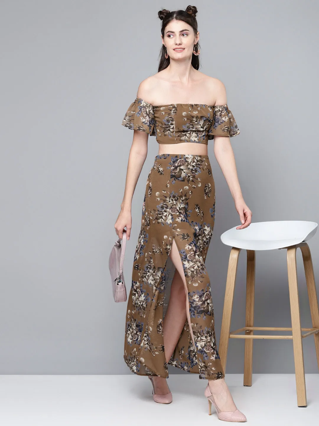 Brown Floral Bardot Crop Top