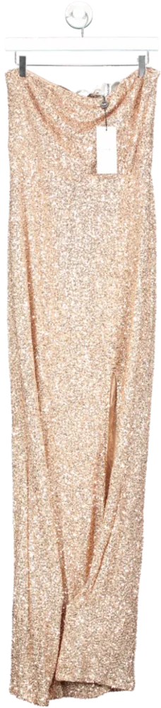 Club L Metallic Almira Champagne Sequin Bandeau Maxi Dress UK 14