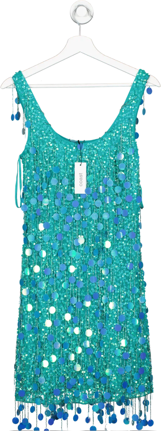 Coast Green Embellished Tassel Sequin Mini Dress UK 8