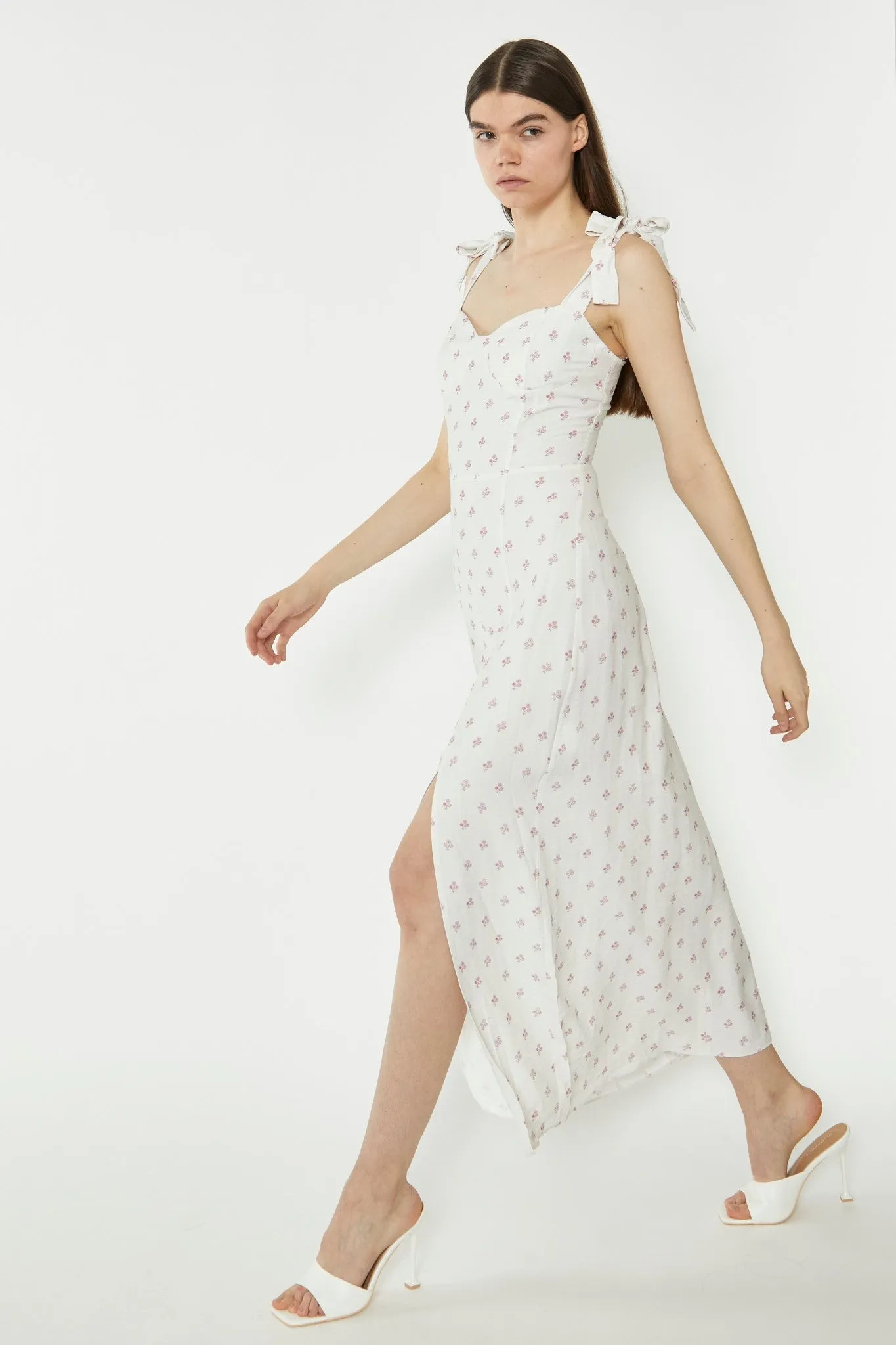 Cream Pink Stem Flower Midi-Dress