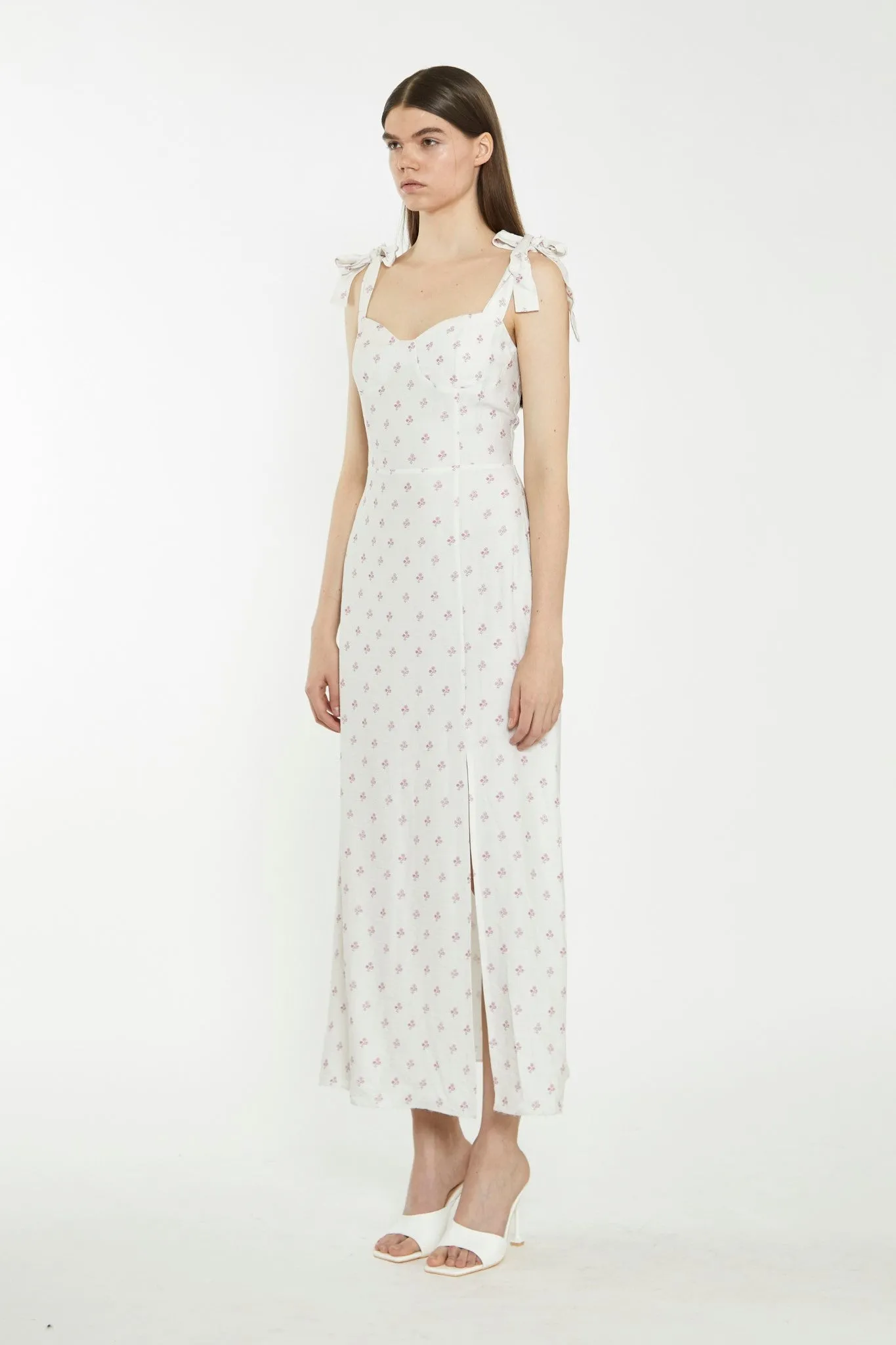 Cream Pink Stem Flower Midi-Dress