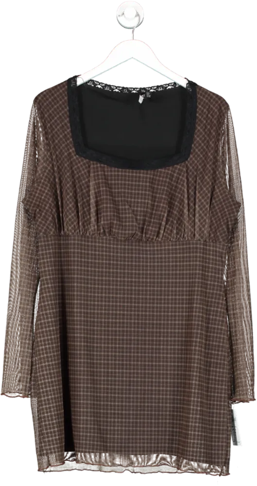 Daisy Street Brown Mesh Check Long Sleeve Dress UK 20