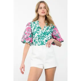 Deidra Embroidered Puff Sleeve Print THML Top