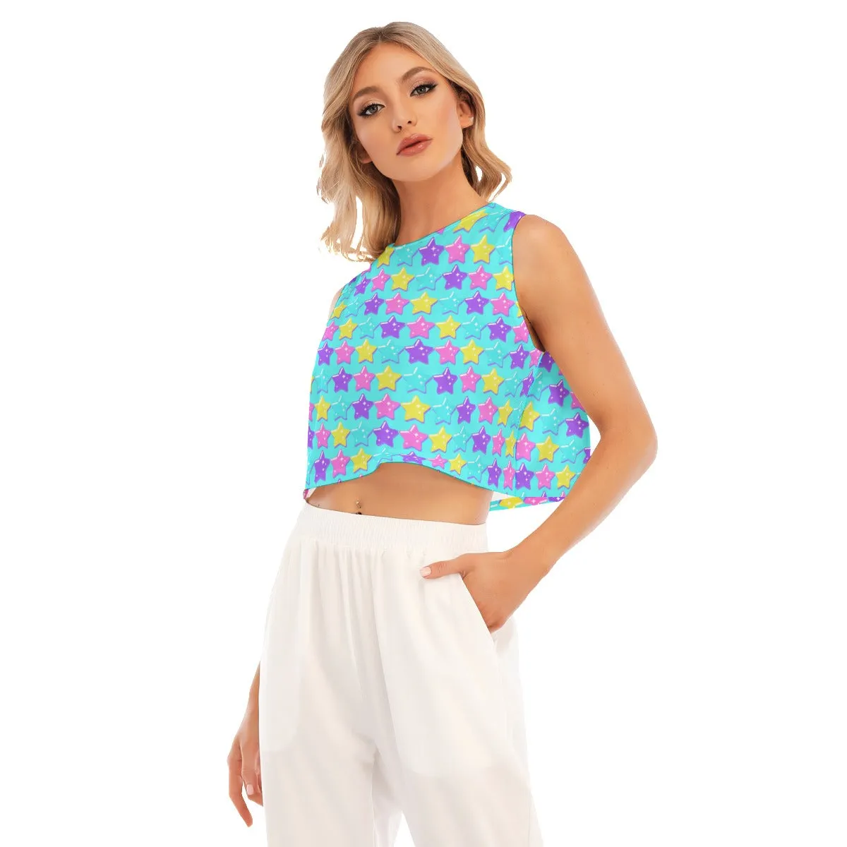 Electric Star Wave Blue Sleeveless Relaxed Fit Crop Top