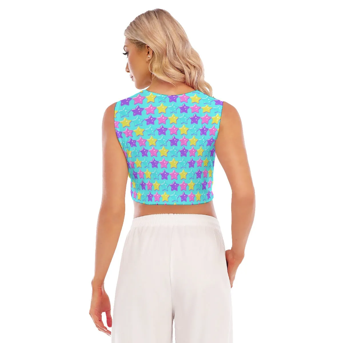 Electric Star Wave Blue Sleeveless Relaxed Fit Crop Top