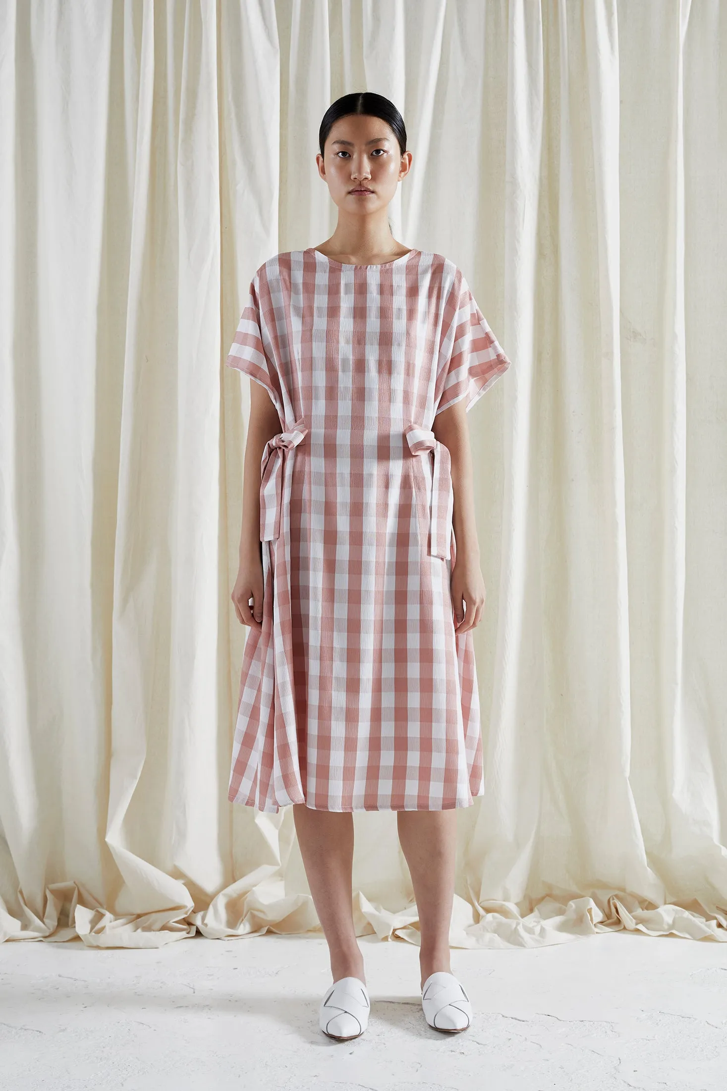 EVE DRESS ~ CONVERTIBLE ~ GRAPEFRUIT [ Pink & White Check Gingham, Waist Ties ]