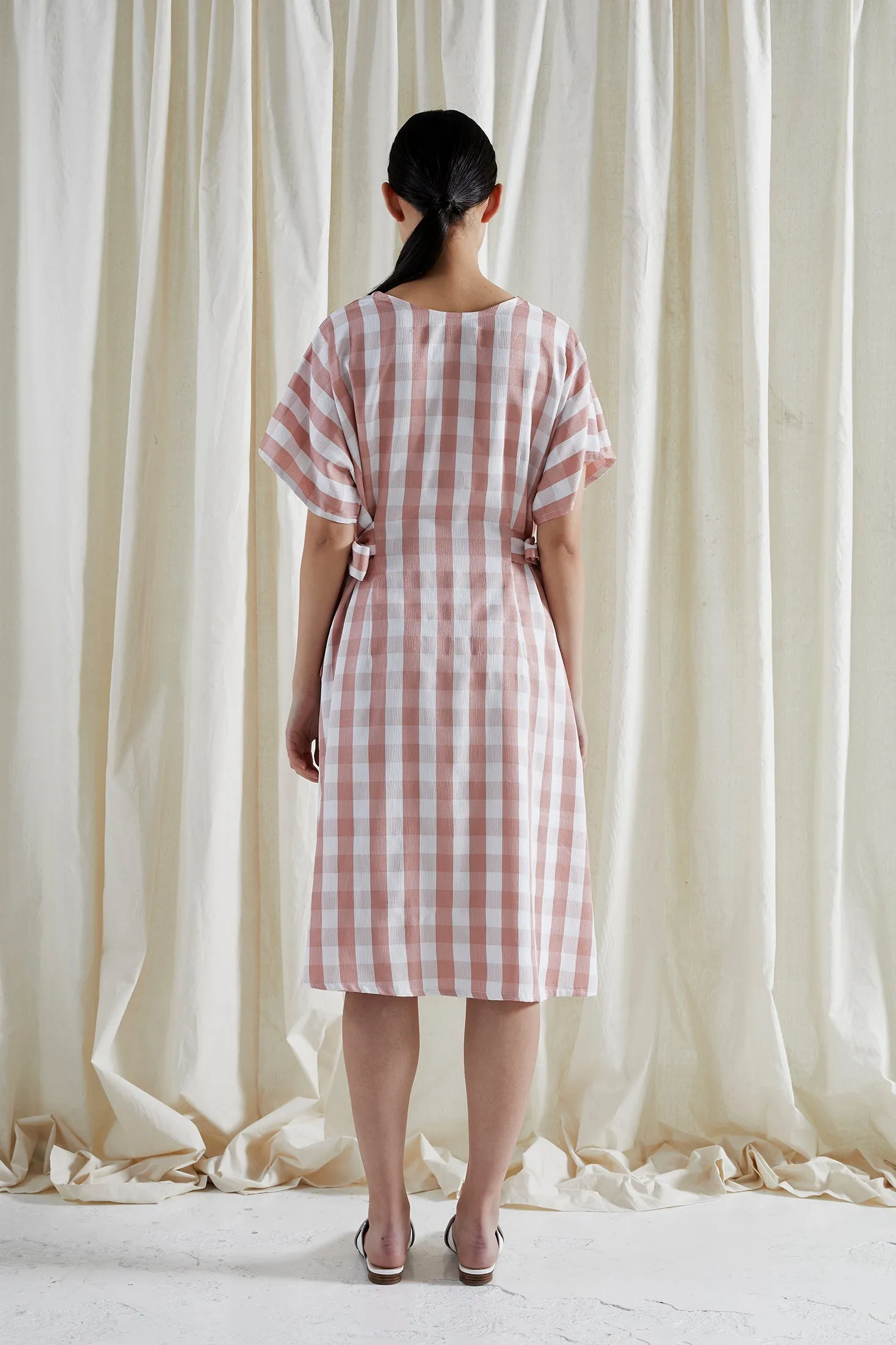 EVE DRESS ~ CONVERTIBLE ~ GRAPEFRUIT [ Pink & White Check Gingham, Waist Ties ]