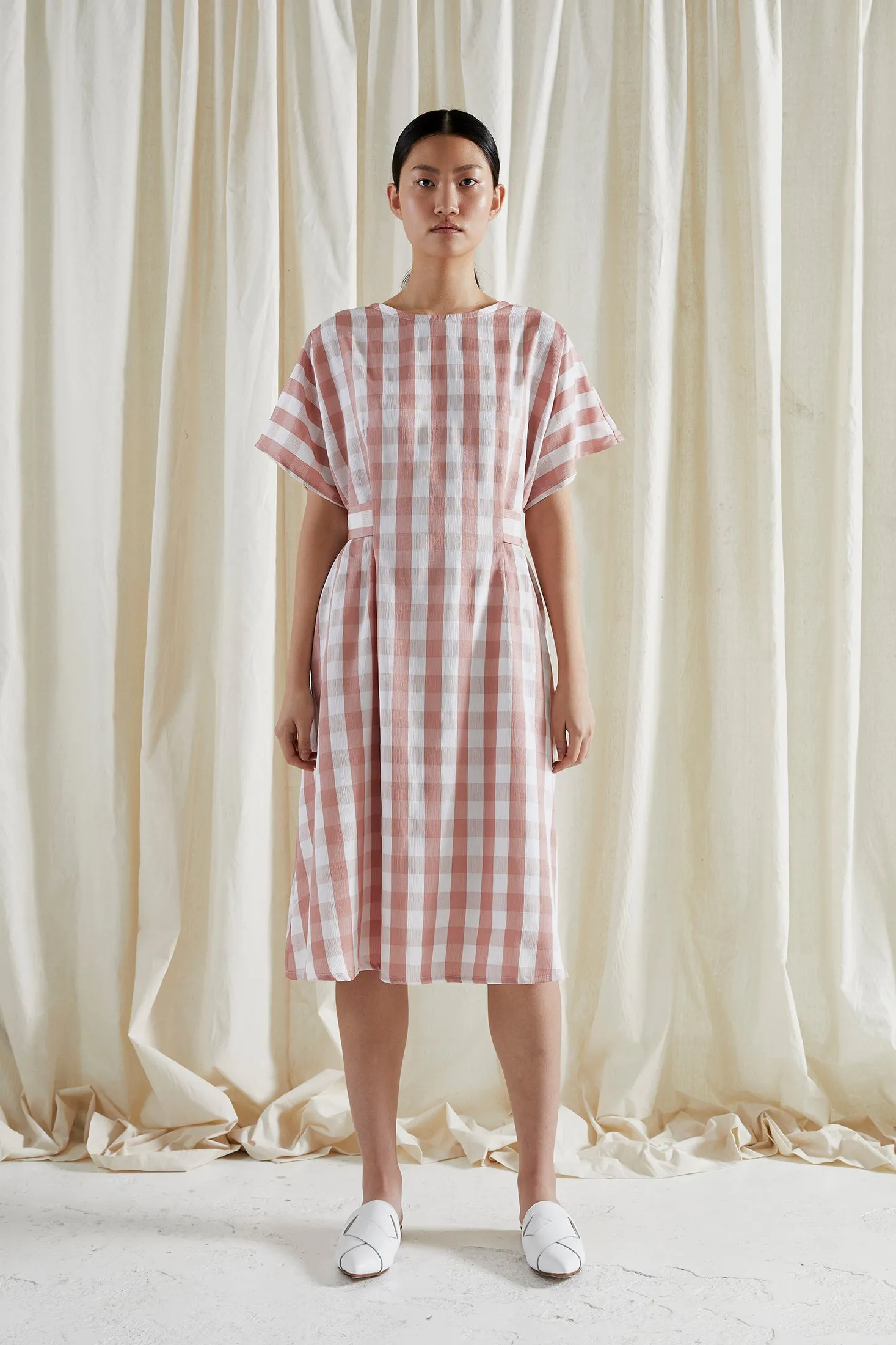 EVE DRESS ~ CONVERTIBLE ~ GRAPEFRUIT [ Pink & White Check Gingham, Waist Ties ]