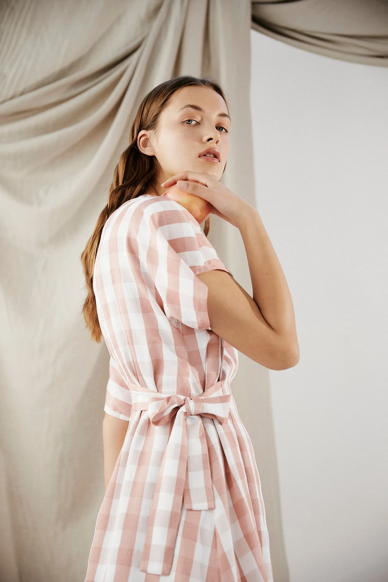 EVE DRESS ~ CONVERTIBLE ~ GRAPEFRUIT [ Pink & White Check Gingham, Waist Ties ]