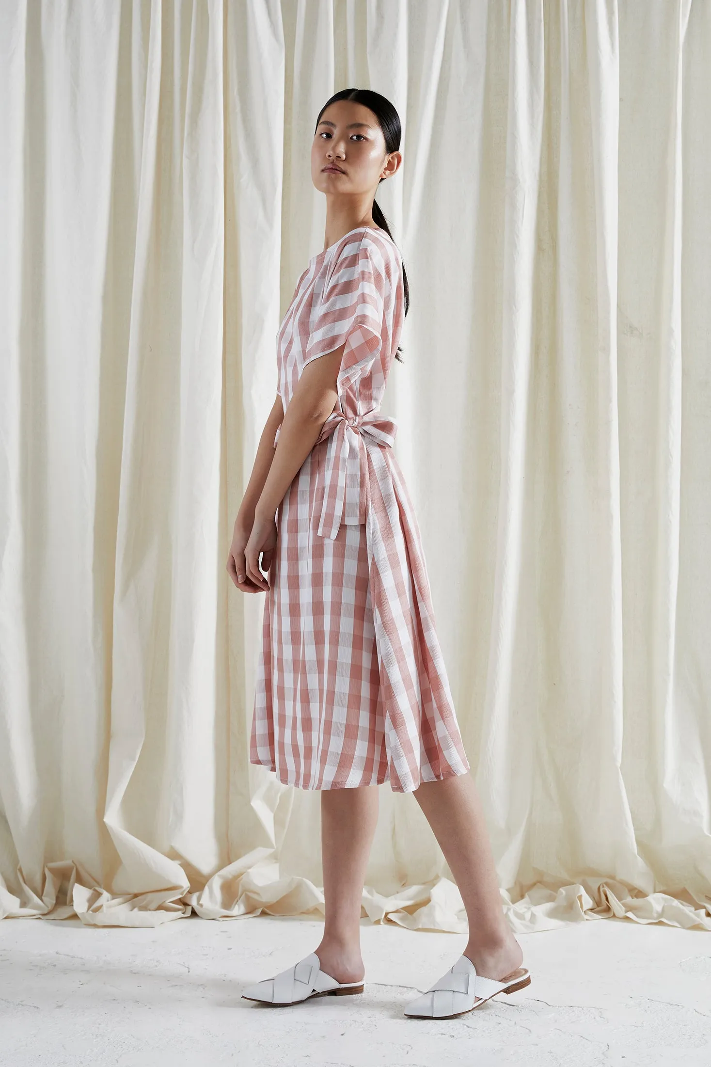 EVE DRESS ~ CONVERTIBLE ~ GRAPEFRUIT [ Pink & White Check Gingham, Waist Ties ]