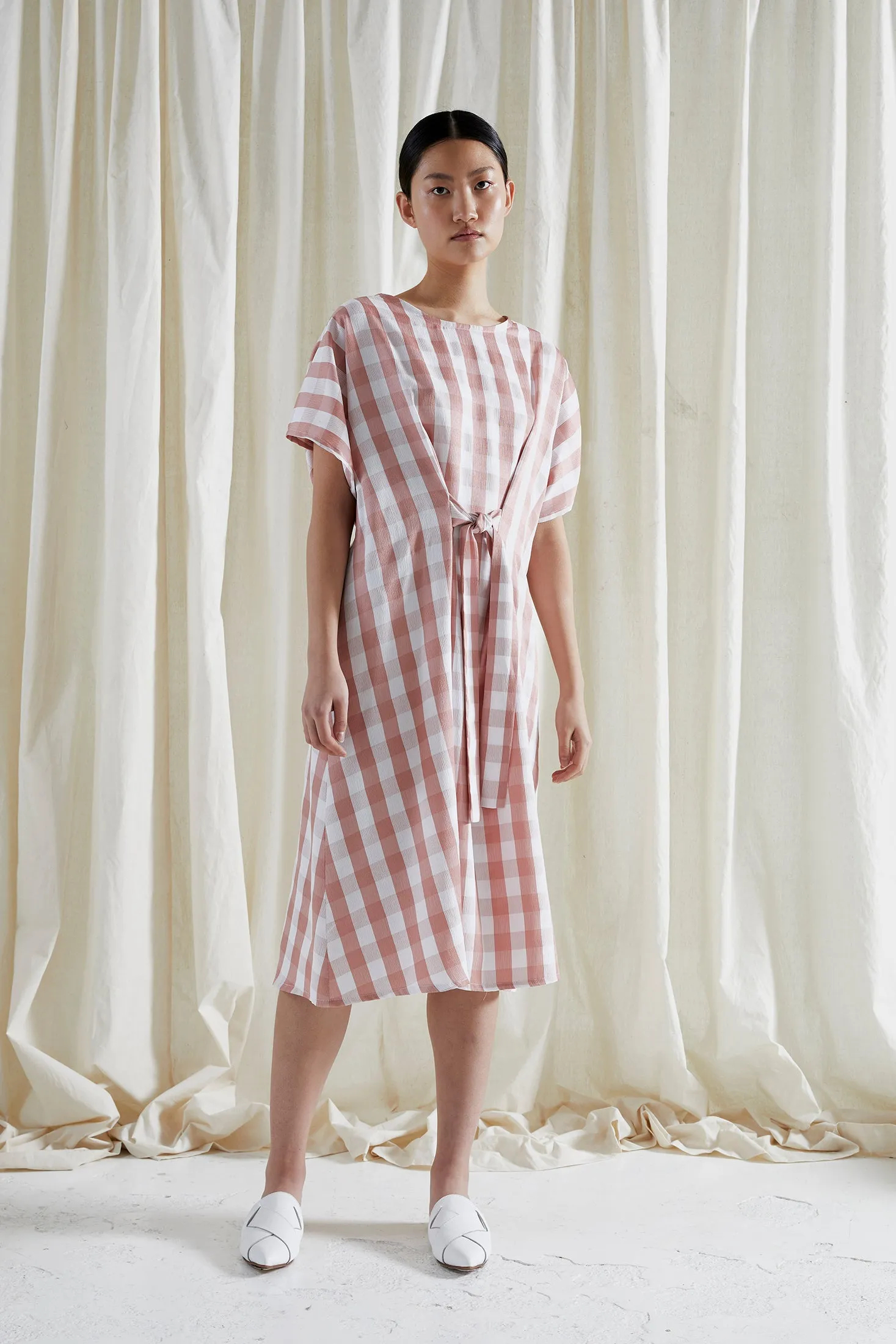 EVE DRESS ~ CONVERTIBLE ~ GRAPEFRUIT [ Pink & White Check Gingham, Waist Ties ]