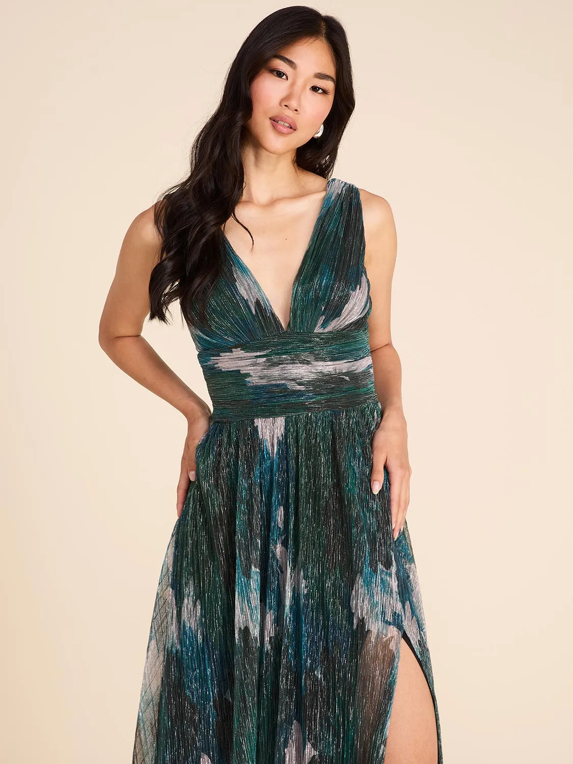 Floral Print V-Neck Metallic Crinkle Knit Gown