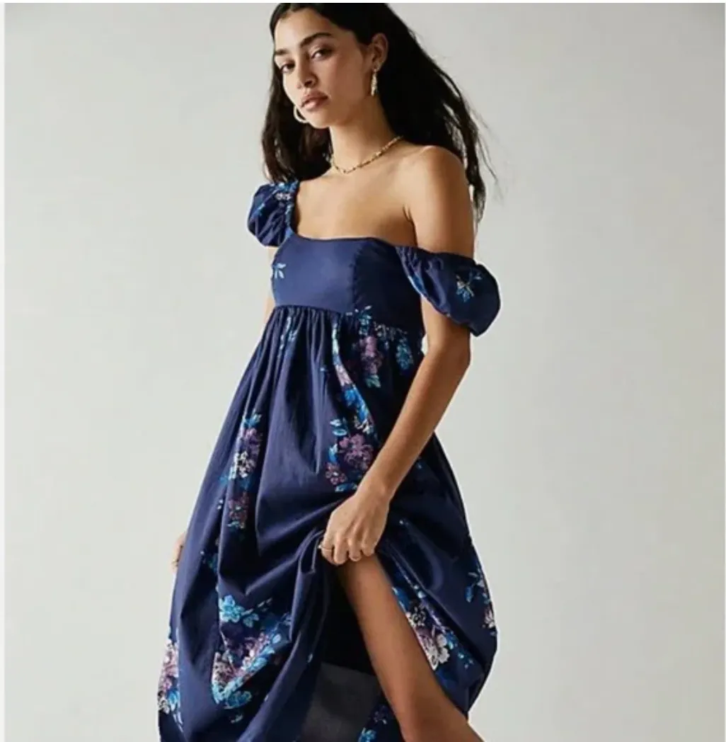 Free People Blue Linda Lou Poplin Maxi Dress UK M