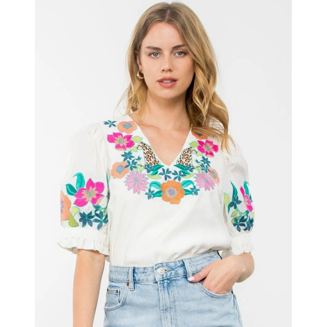 Freya Short Balloon Sleeve Embroidered THML Top