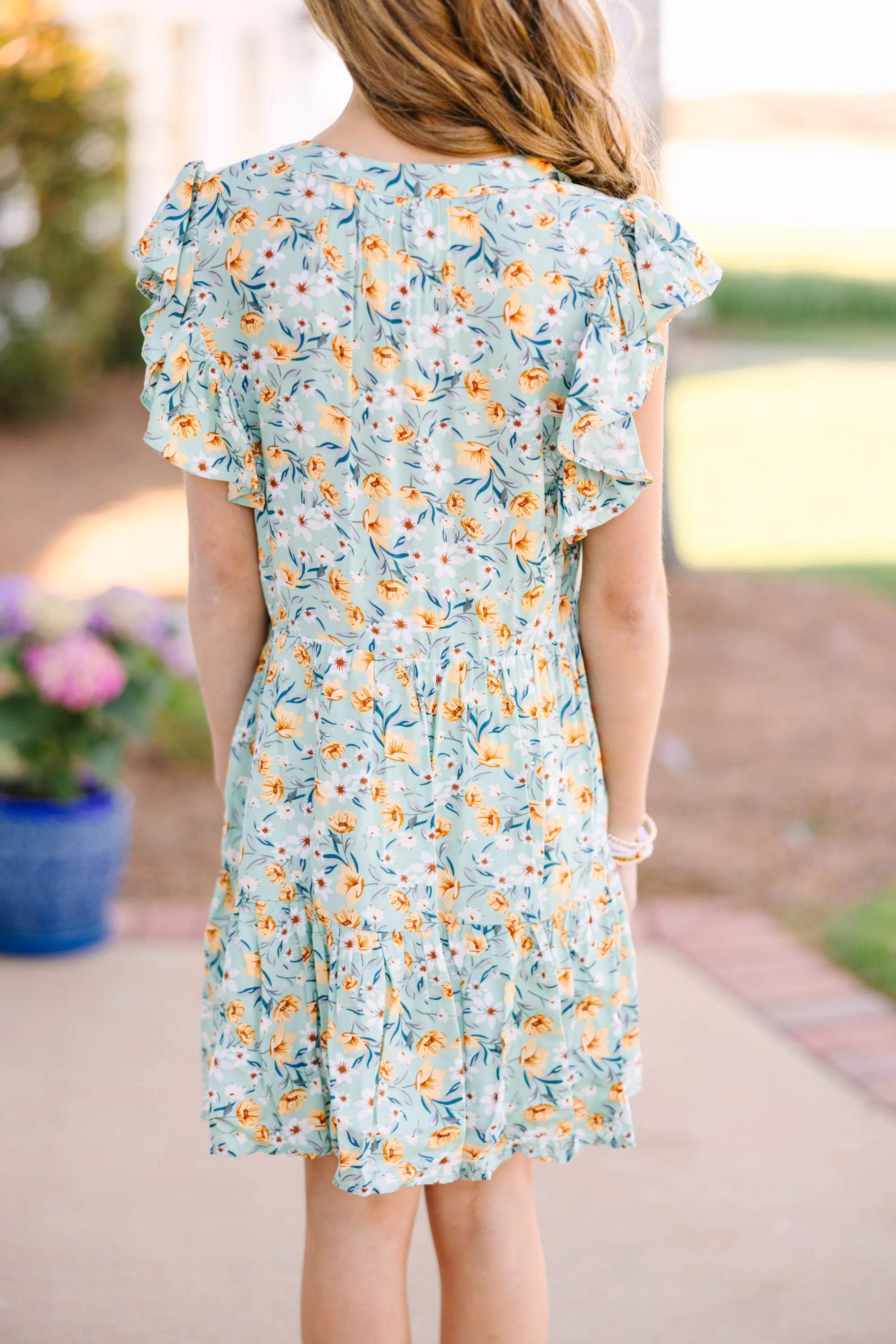 Girls: At This Time Sage Green Ditsy Floral Dress