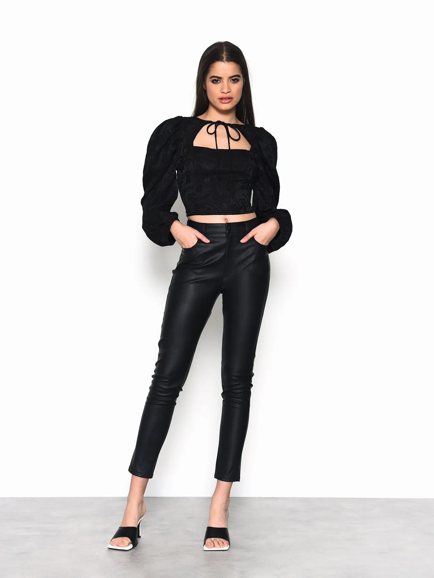 Glamorous Black Brocade Tie Neck Puff Sleeve Crop Top