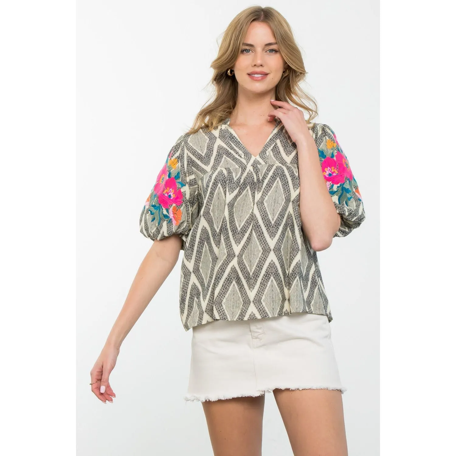 Grace Embroidered Puff Sleeve THML Top