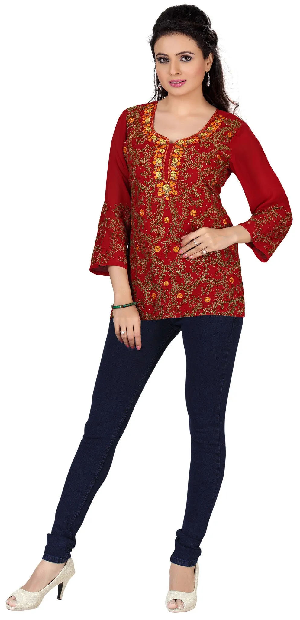 India Tunic Top Kurti Womens Embroidered Indian Clothing (Maroon)