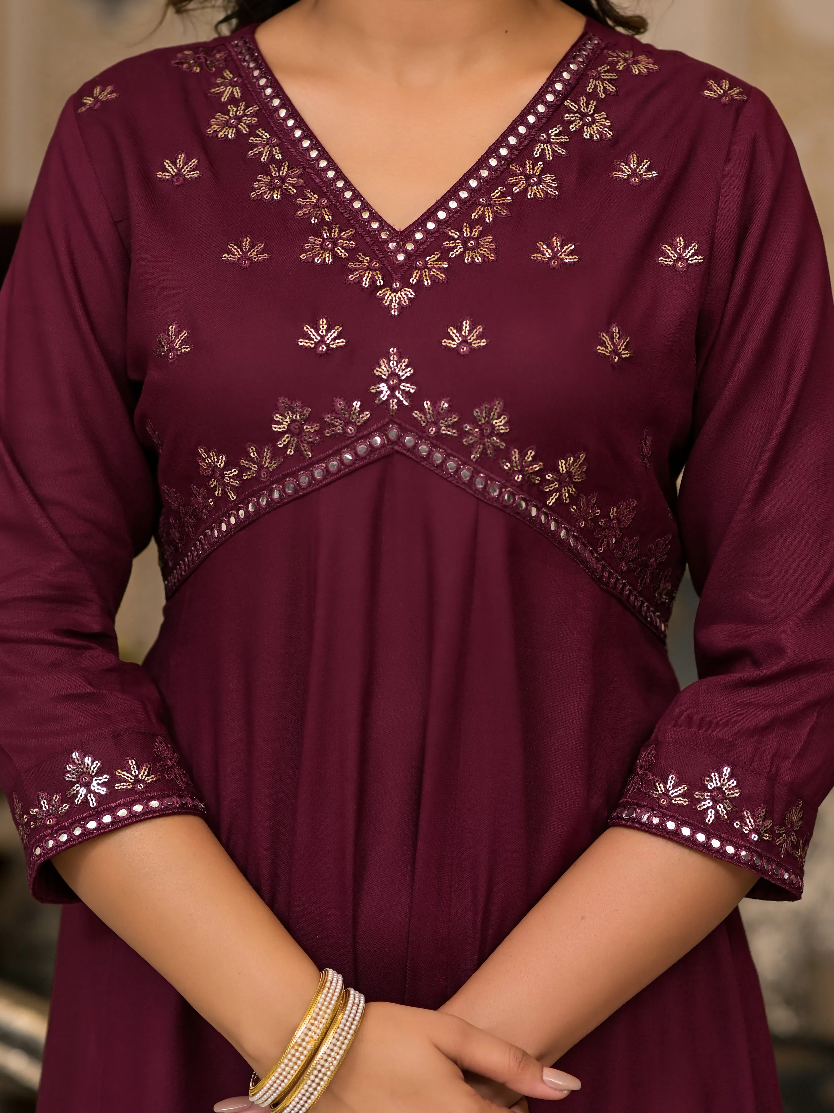 Juniper Wine Mirror Embroidered Rayon Dress For Women With Sequins