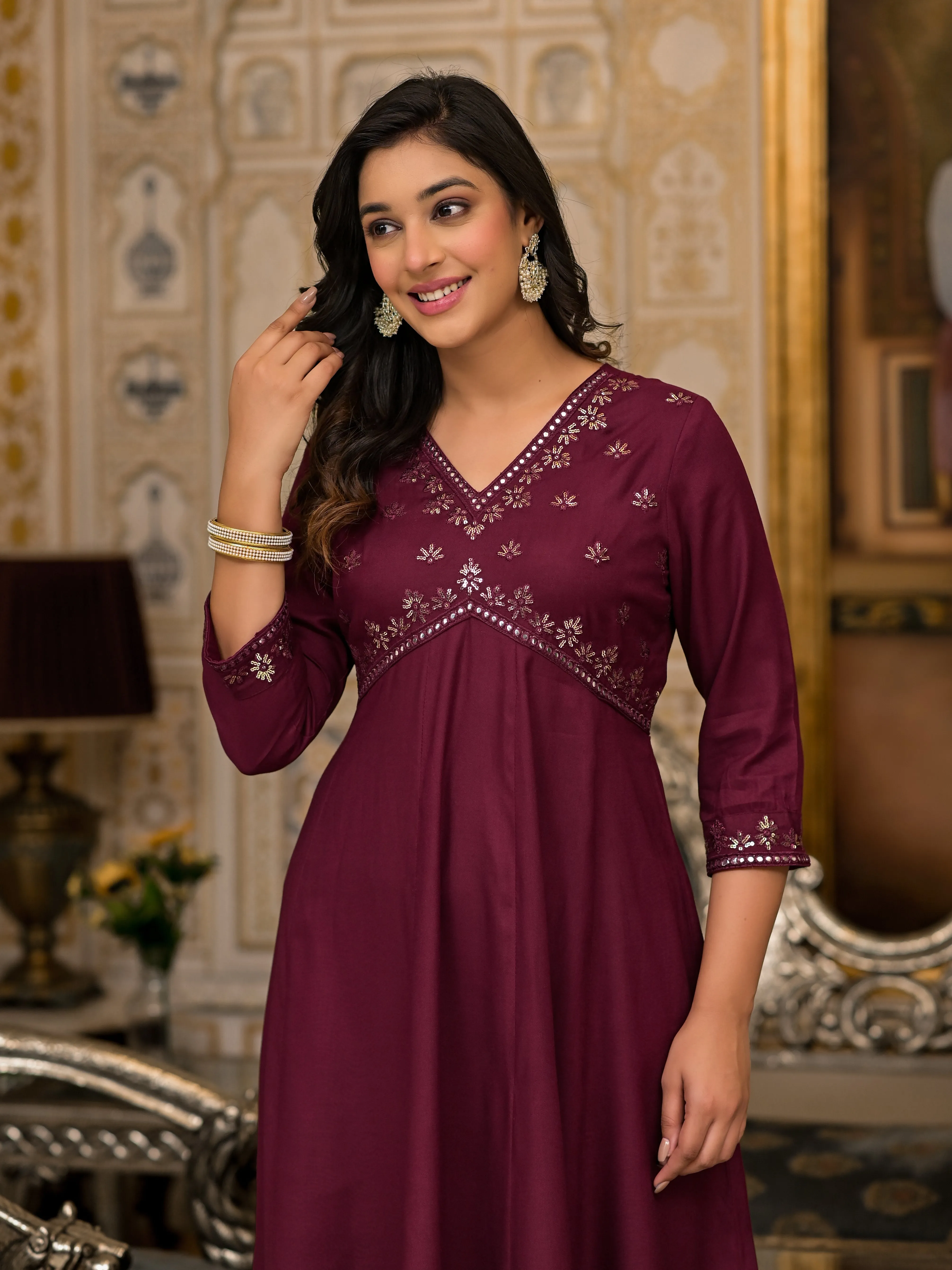 Juniper Wine Mirror Embroidered Rayon Dress For Women With Sequins