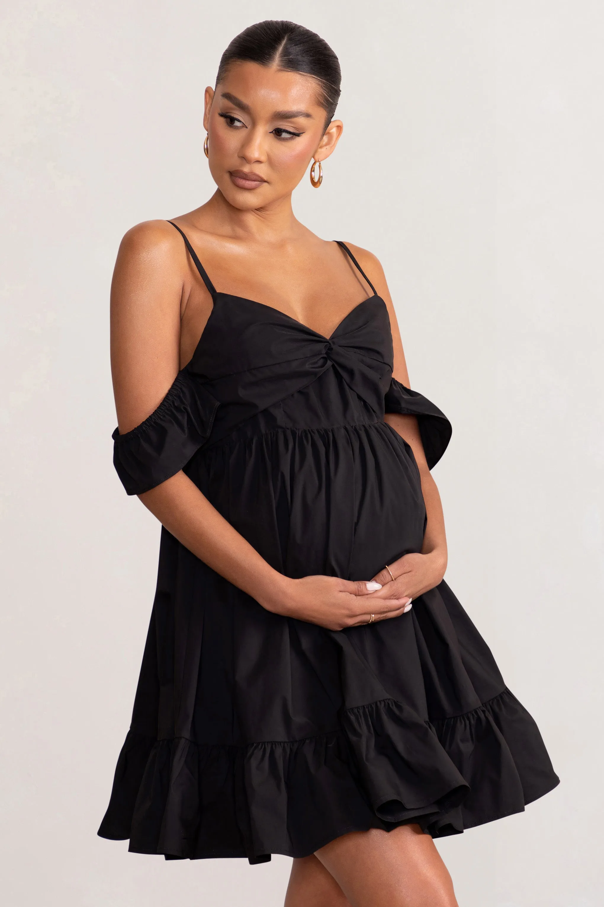 Kai | Black Cami Babydoll Maternity Mini Dress With Ruffle Cold Shoulder Sleeves